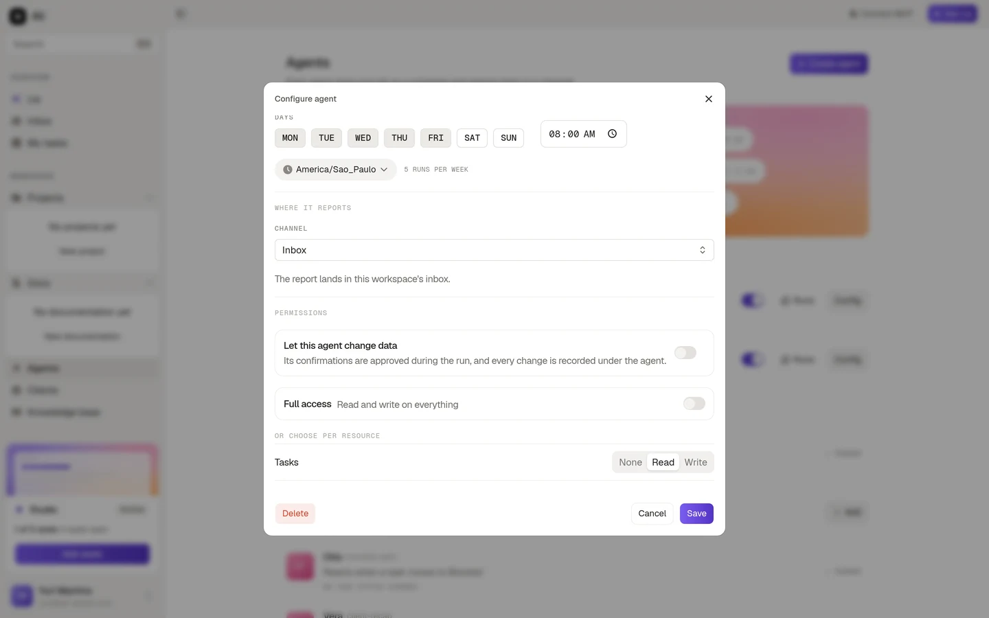 The delivery and permissions sections of the configuration dialog