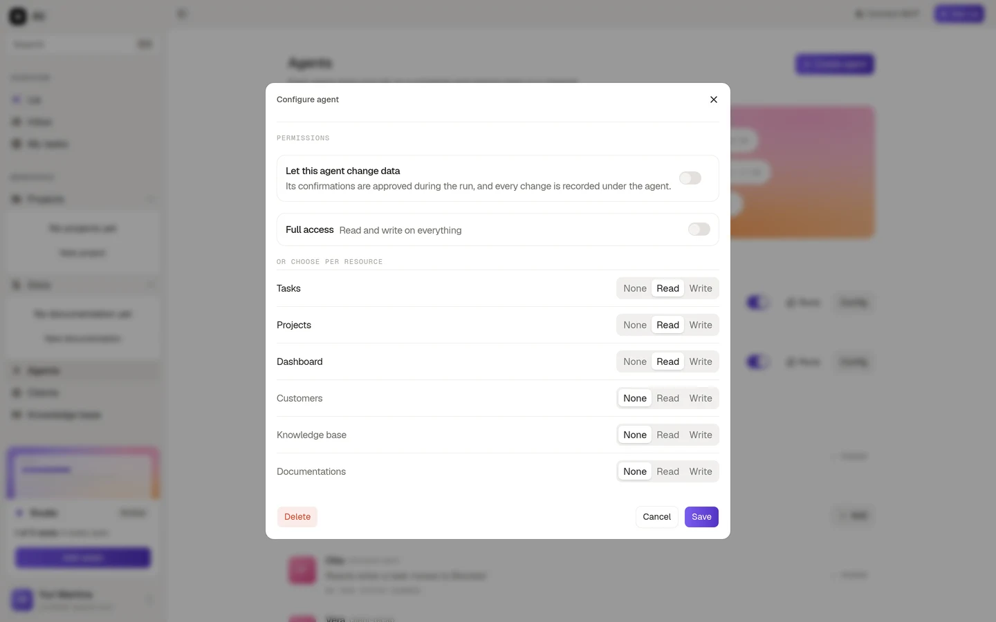 The permissions section, with the write switch and the per resource rows
