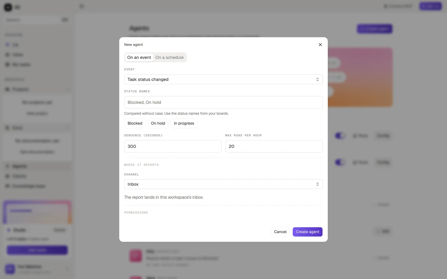 The new agent dialog with an event trigger, its status filter and its rate limits
