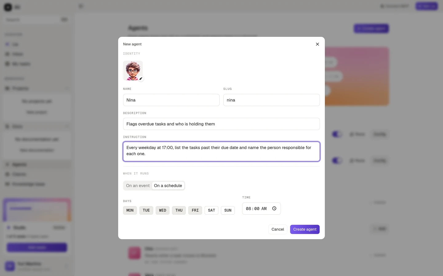 The new agent dialog filled in, with a name, a description and an instruction