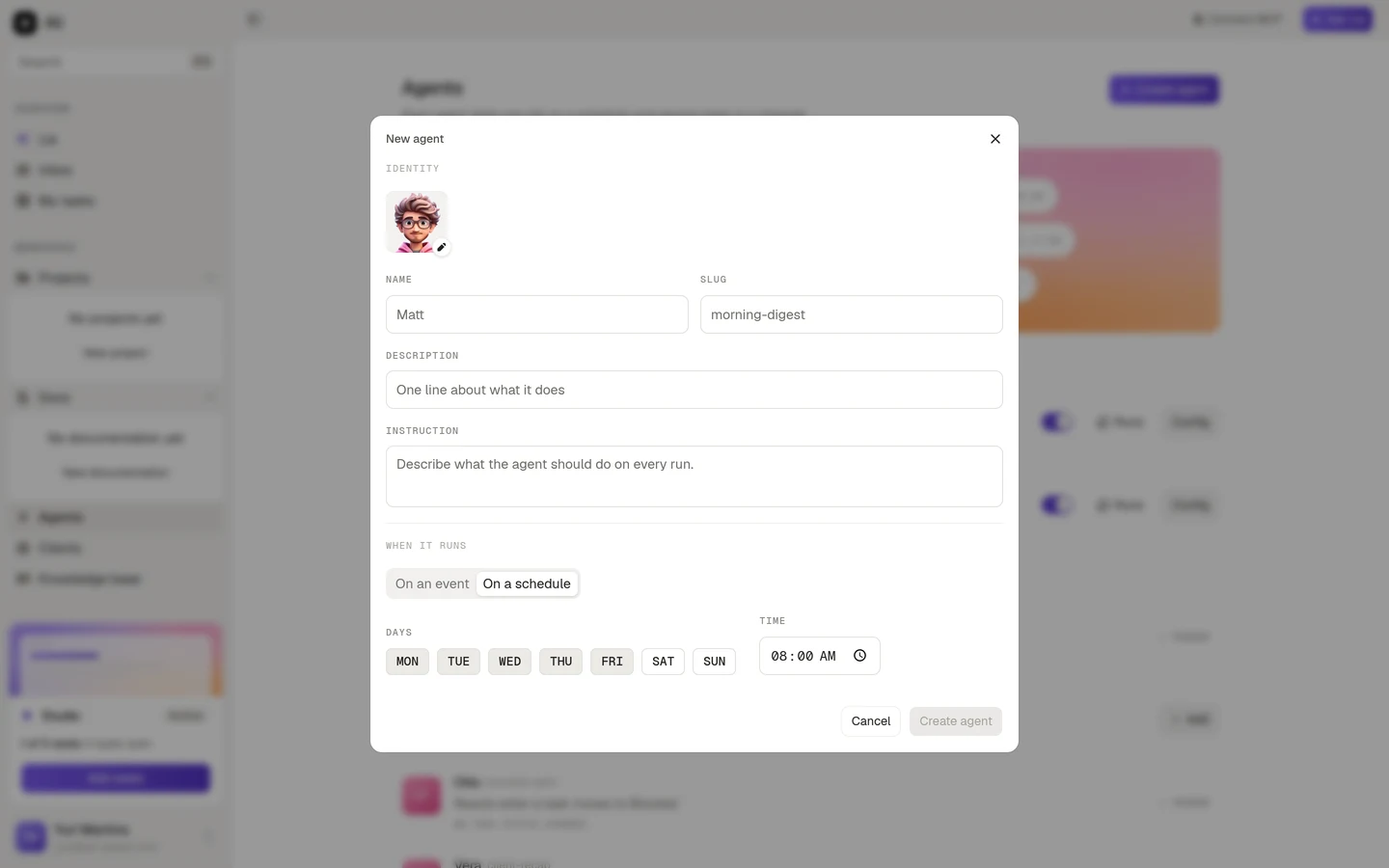 The new agent dialog, empty, showing identity and the schedule