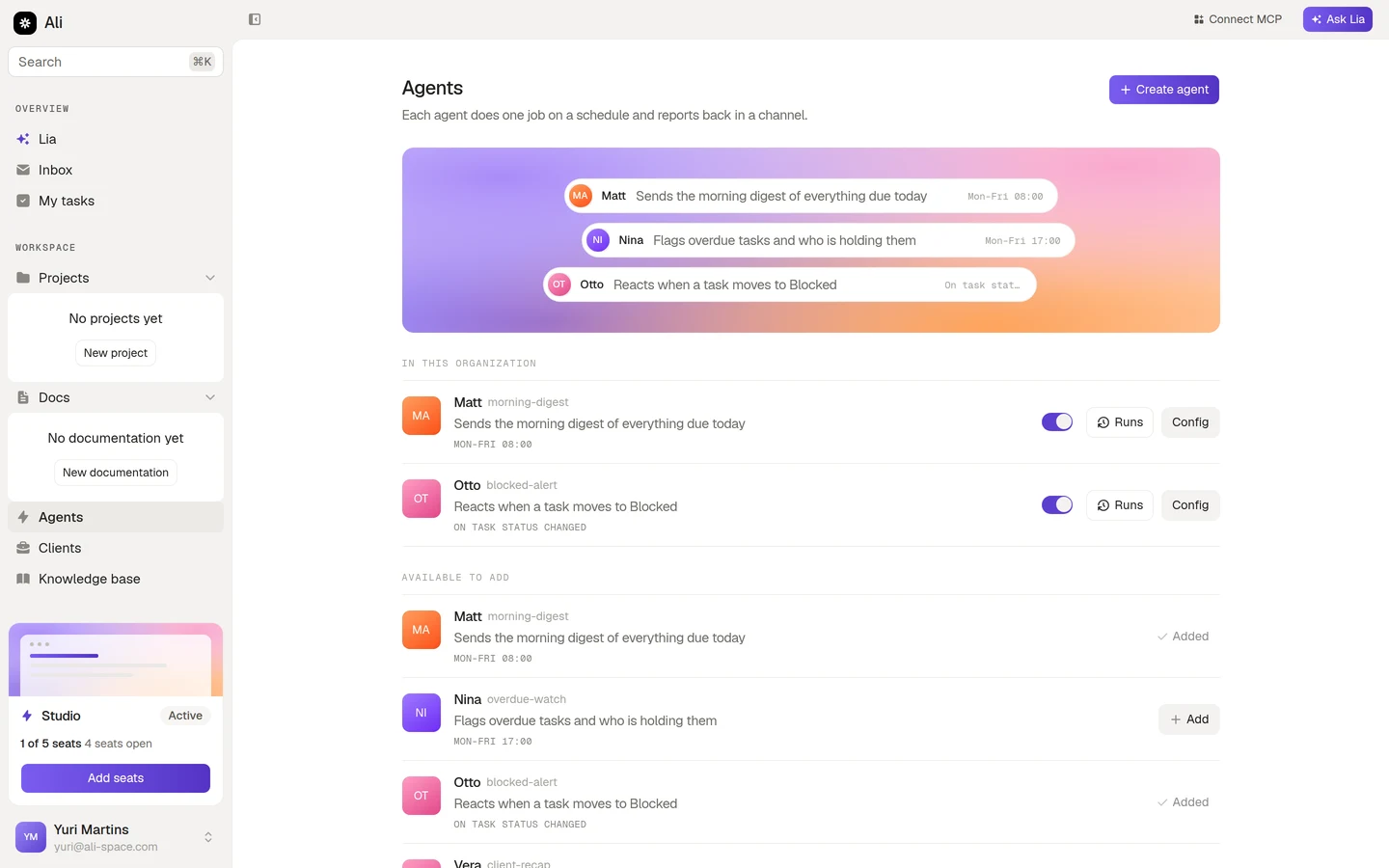 The Agents screen, with agents installed in the organization and the catalogue below
