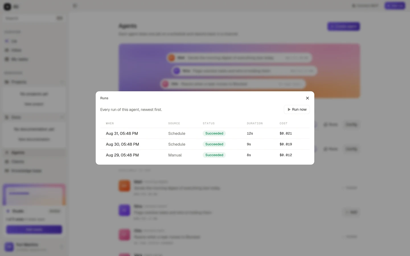 The runs dialog, listing three runs with their source, status, duration and cost