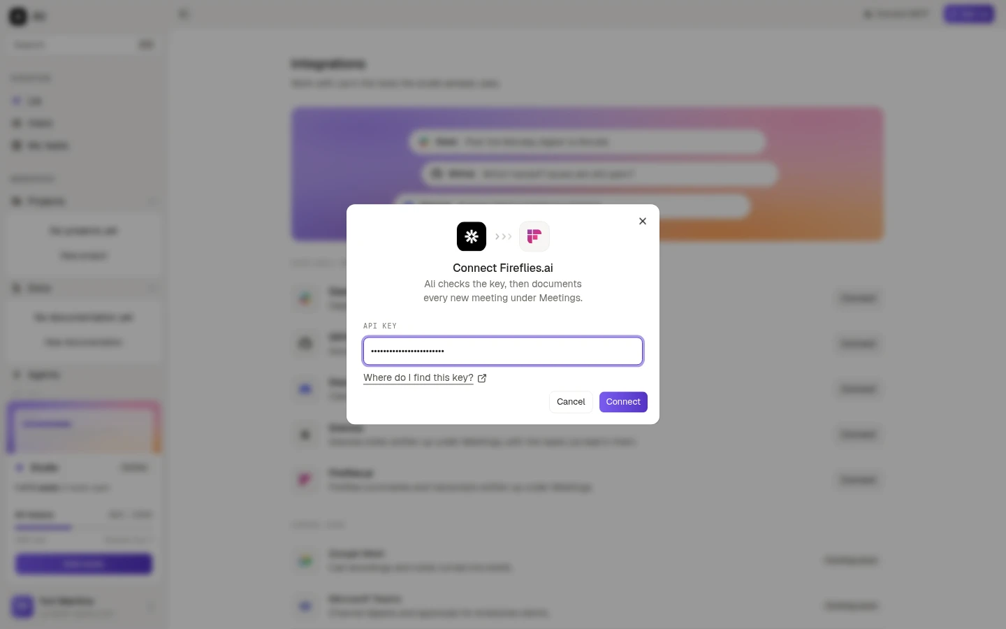 The Connect Fireflies.ai dialog, with the API key field filled in
