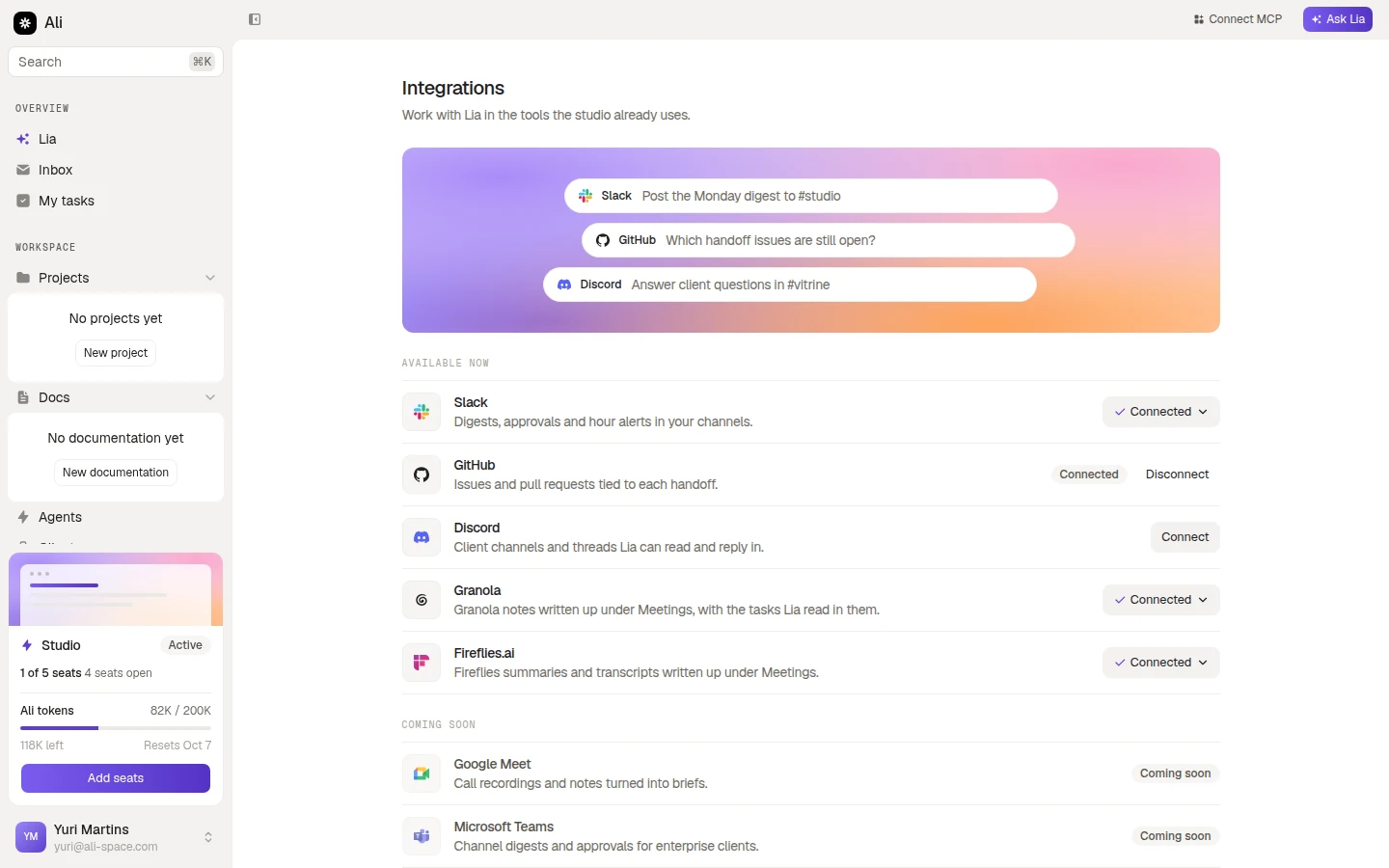 The list with Slack, GitHub, Granola and Fireflies connected