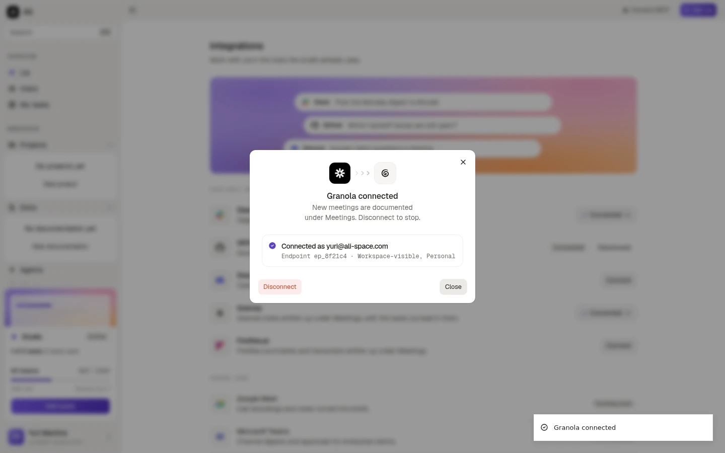 The Granola connected panel, with the account, endpoint and scopes