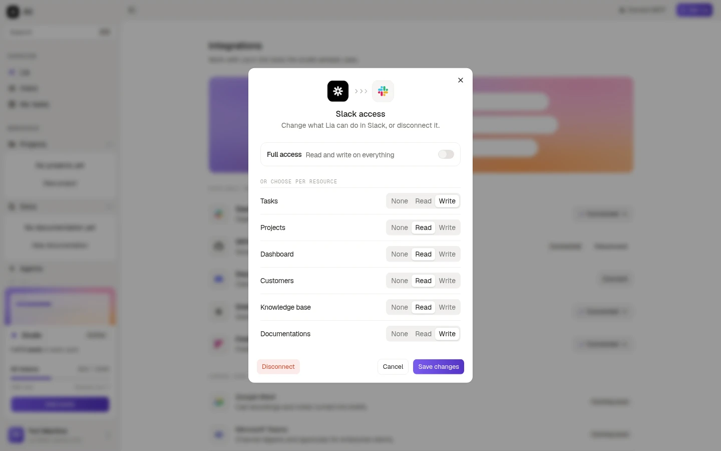 The Slack access dialog, with per-resource levels and the disconnect button