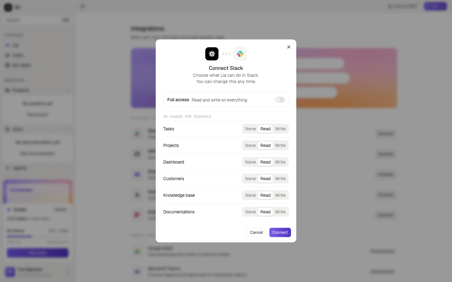 The Connect Slack dialog, with the full access switch and the six resources