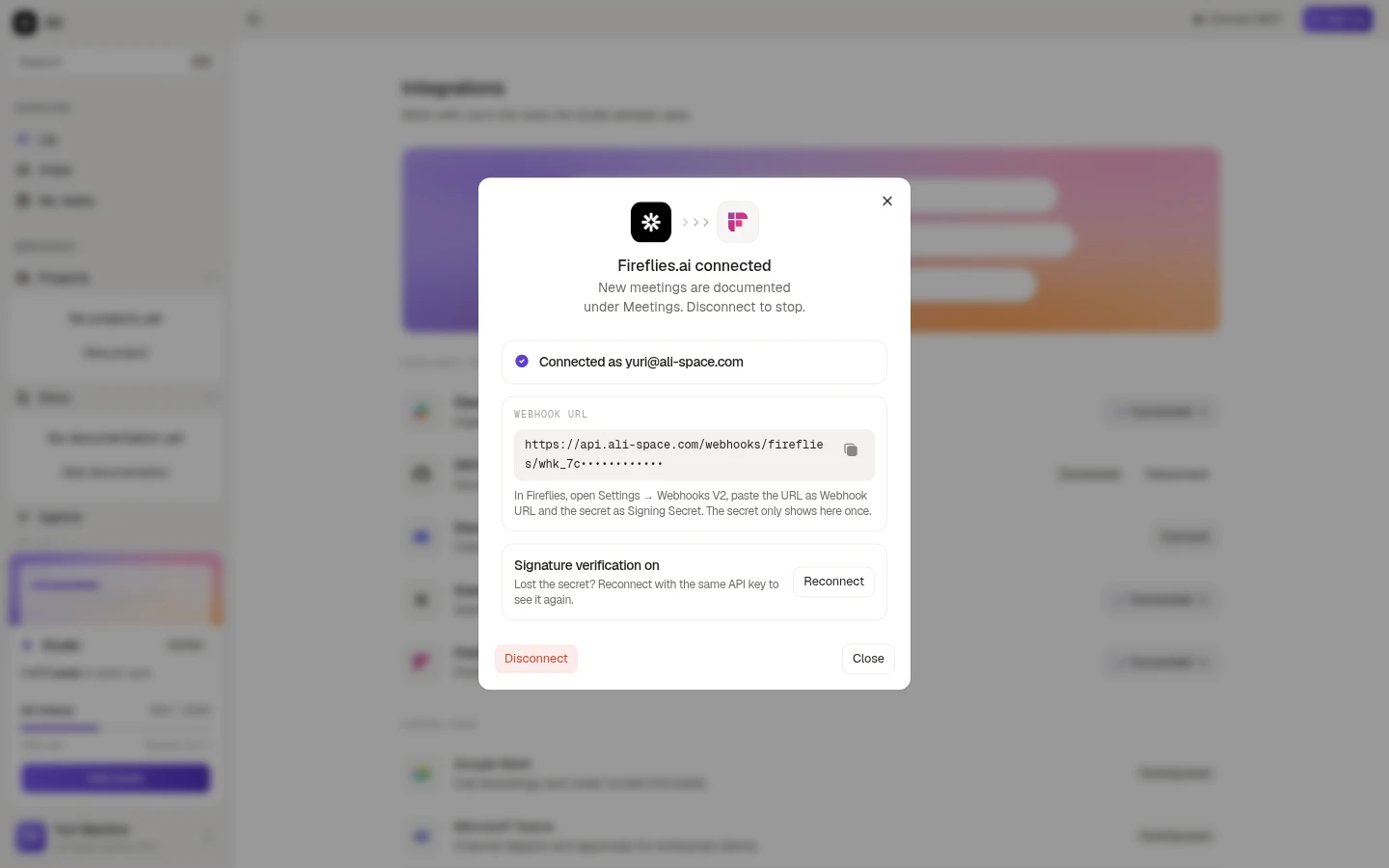The Fireflies panel reopened later, showing signature verification and reconnect