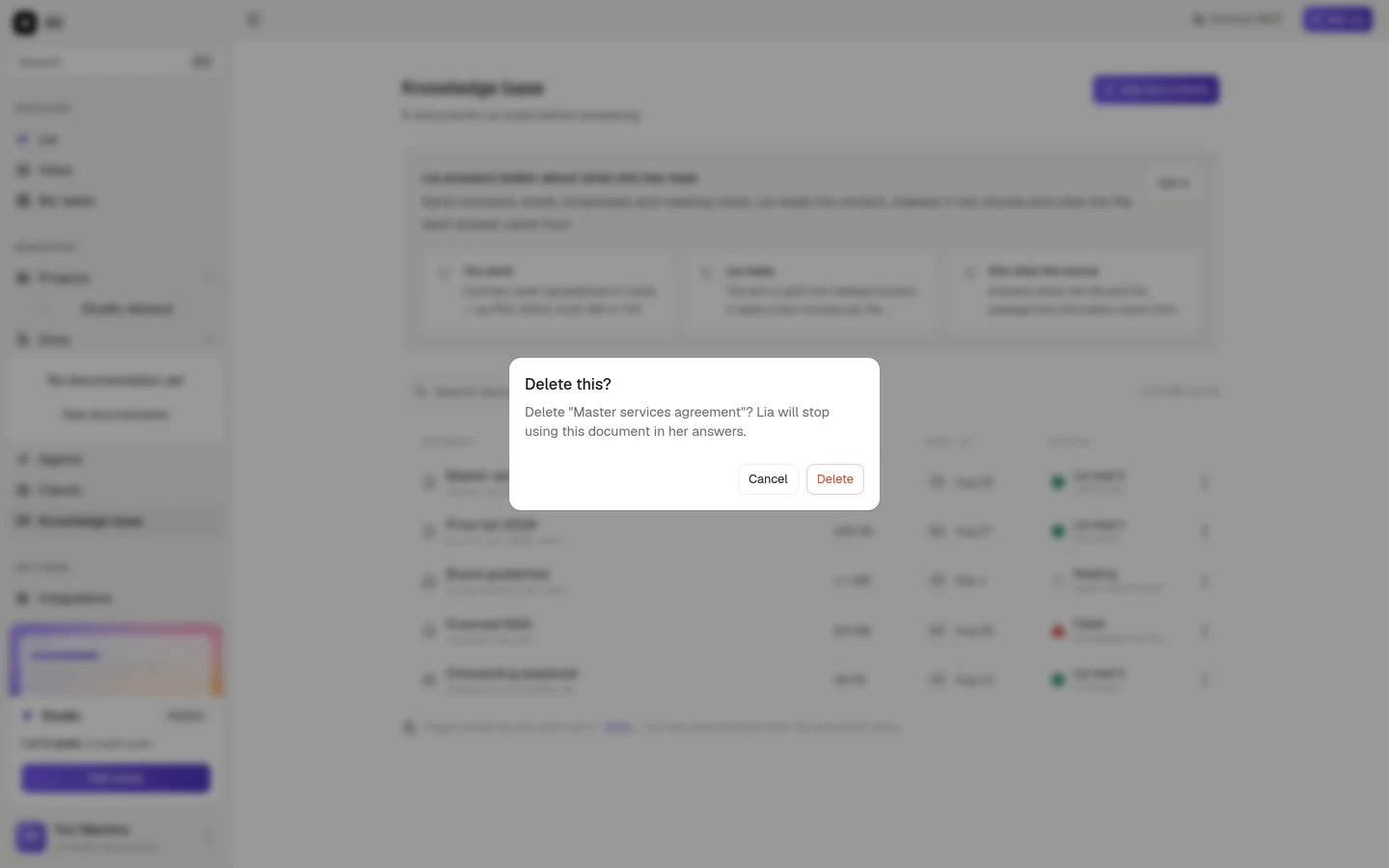 The delete confirmation, naming the document being removed