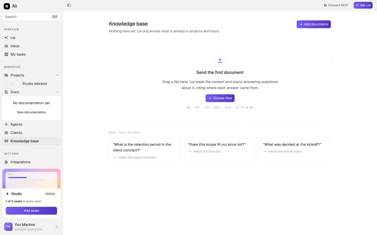 The empty knowledge base, with the dropzone and the questions it unlocks