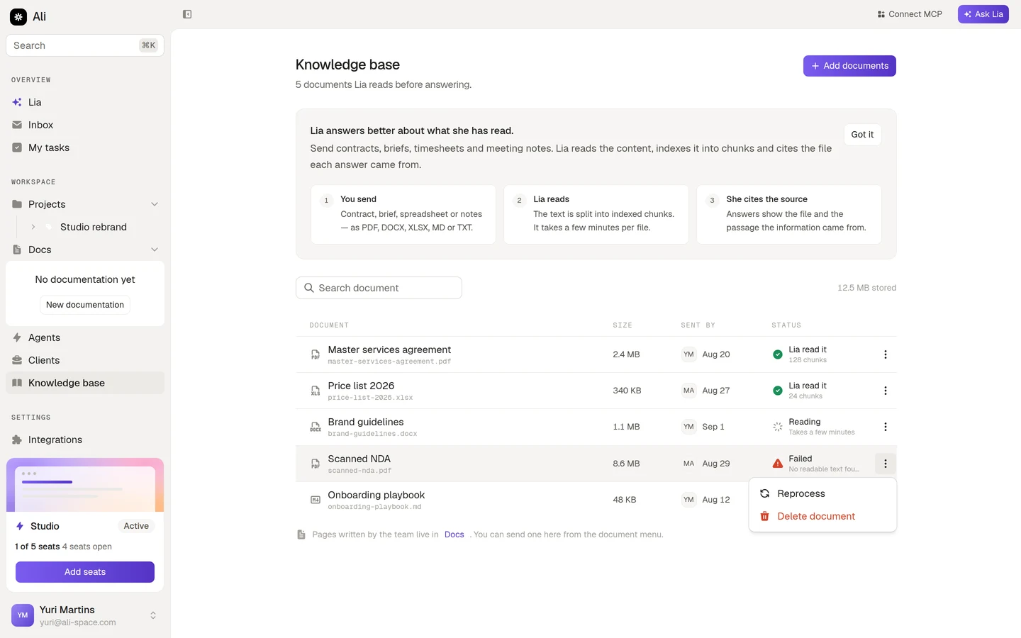 The document menu, offering Reprocess and Delete document