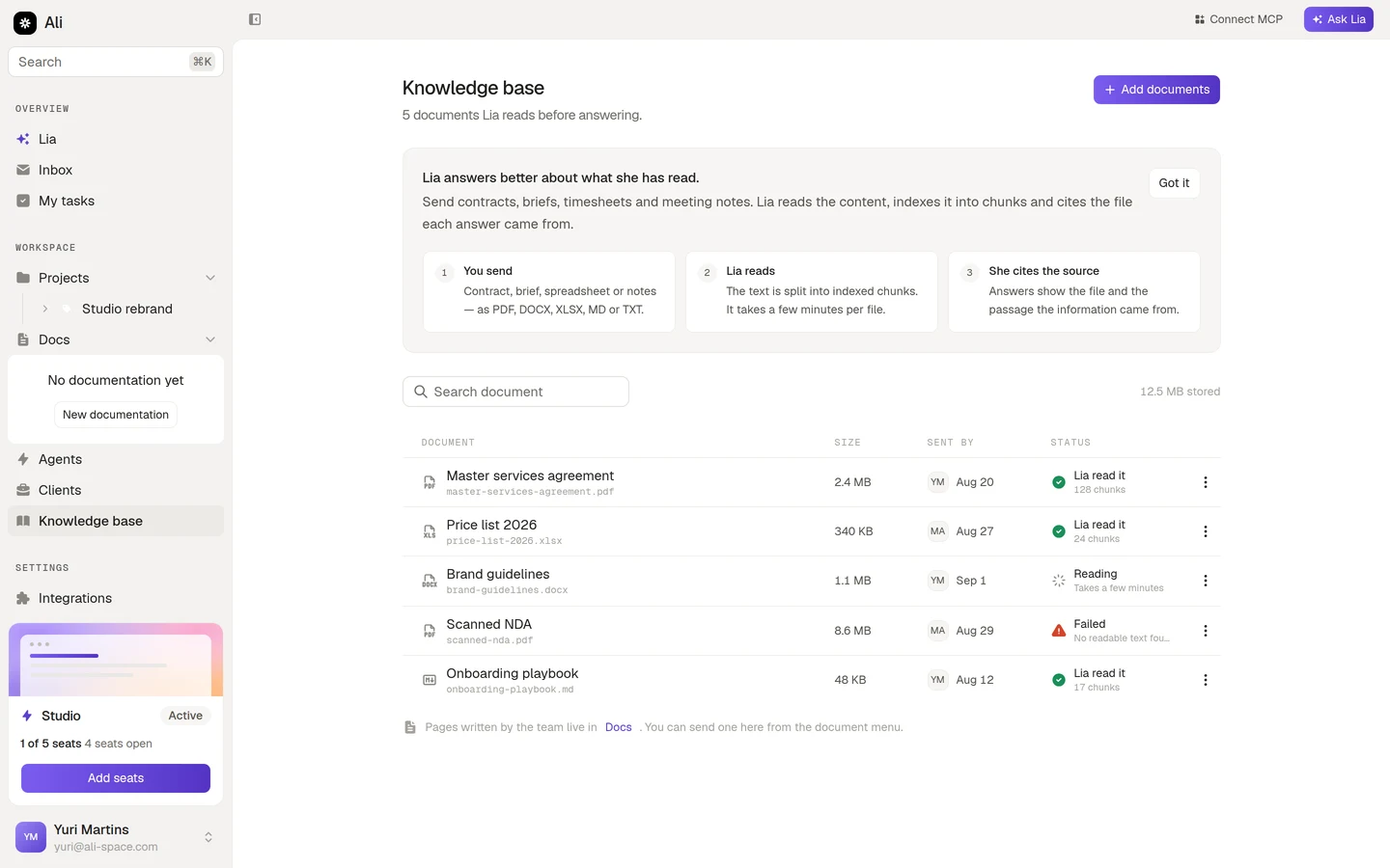 The Knowledge base screen, with the intro banner and the documents table