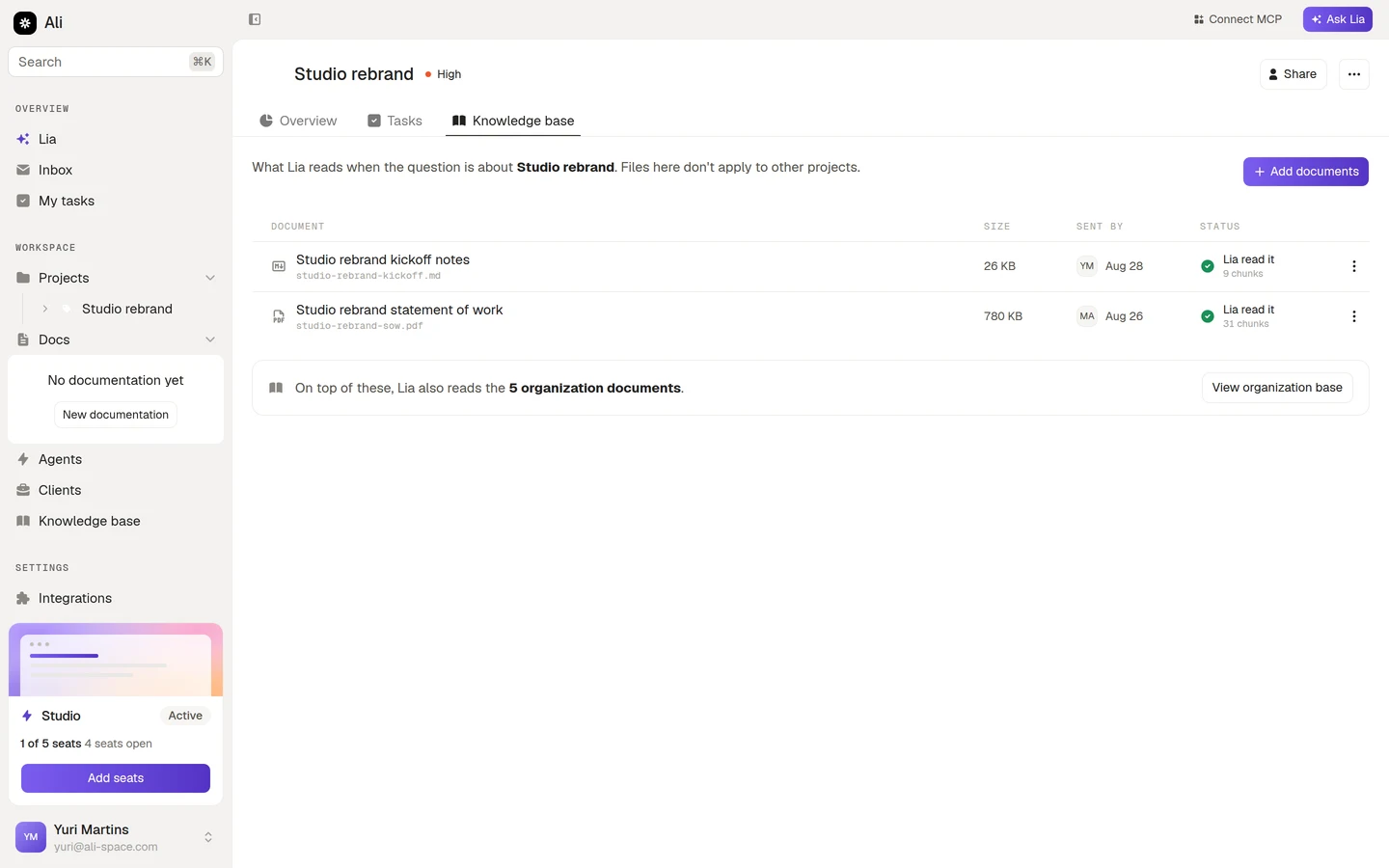 The project knowledge base tab, with project documents and the organization card below