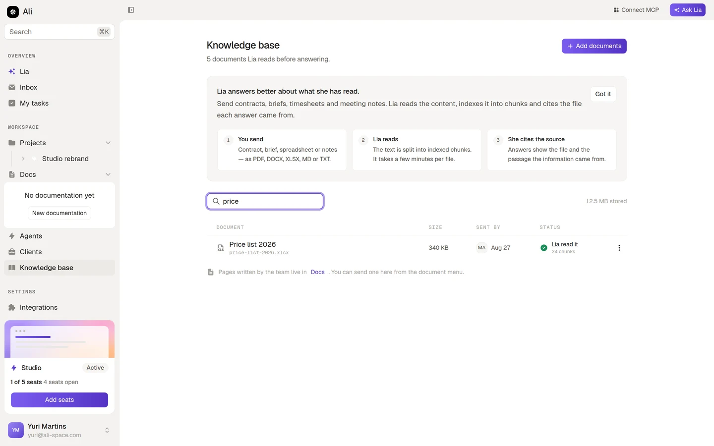 The knowledge base filtered by a search term