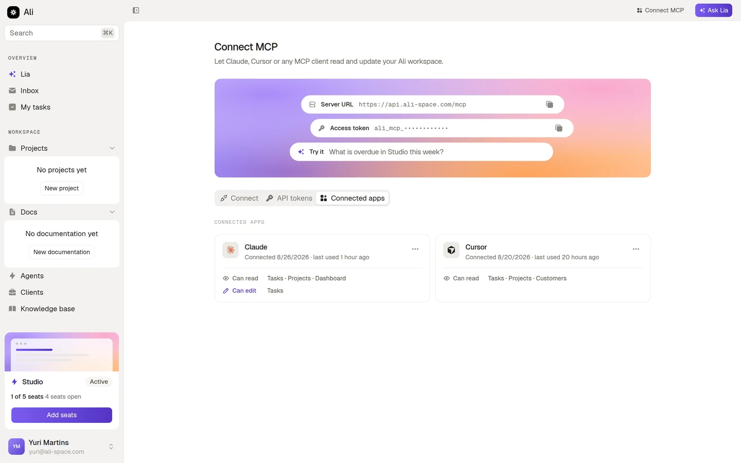 The Connected apps tab, showing Claude and Cursor with the access each one holds