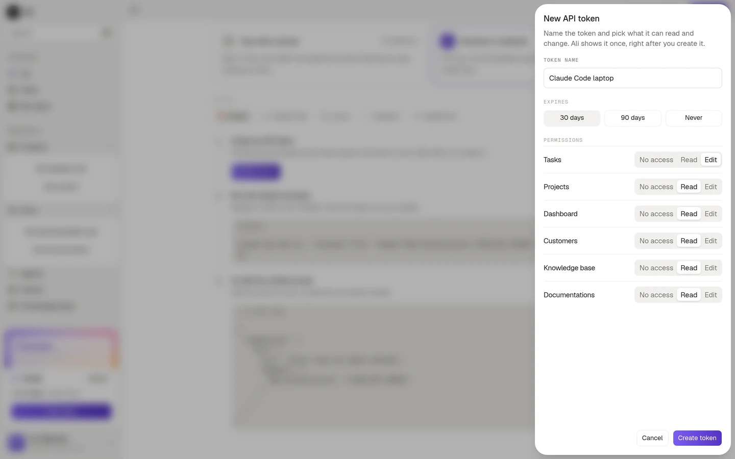 The new API token drawer, with a name, an expiry and per resource permissions