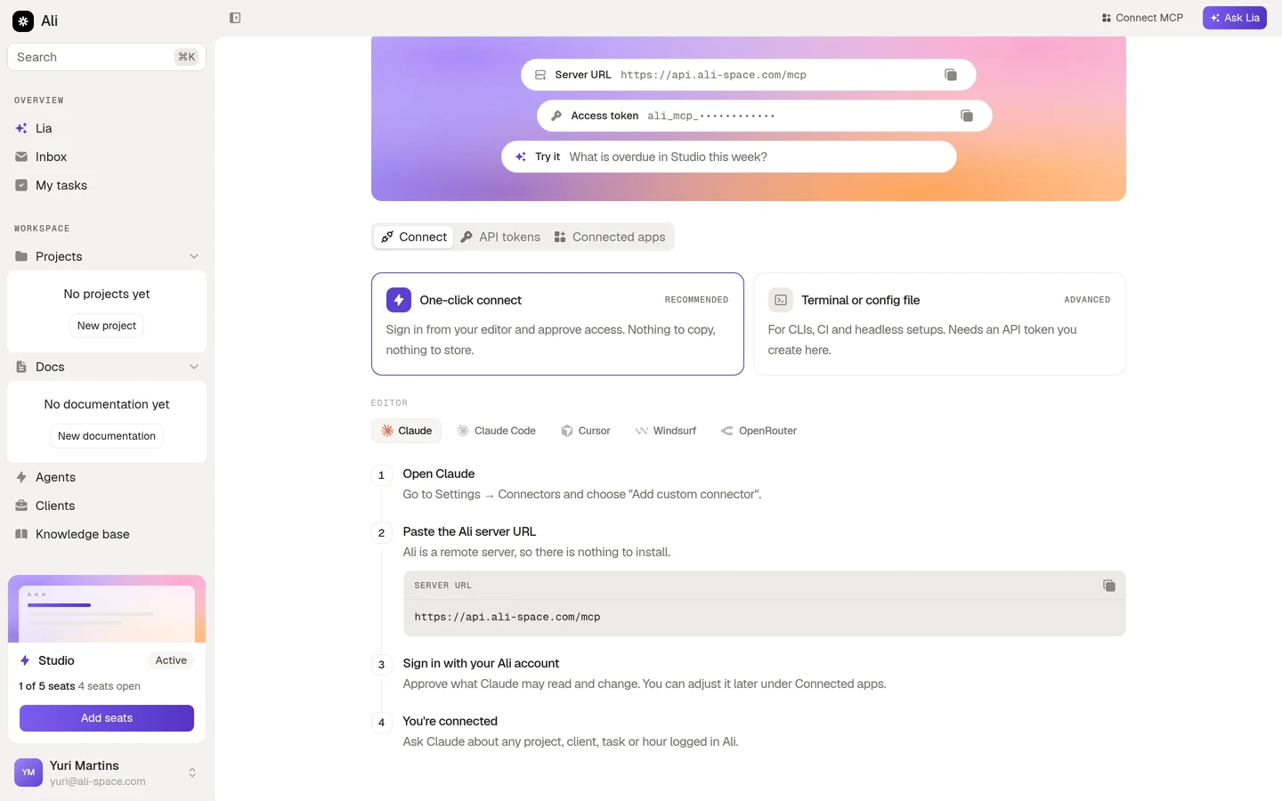 The Connect tab with One-click connect selected and the four steps below