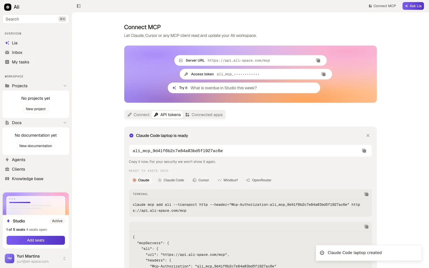 The token ready panel, with the secret and the ready to paste snippets