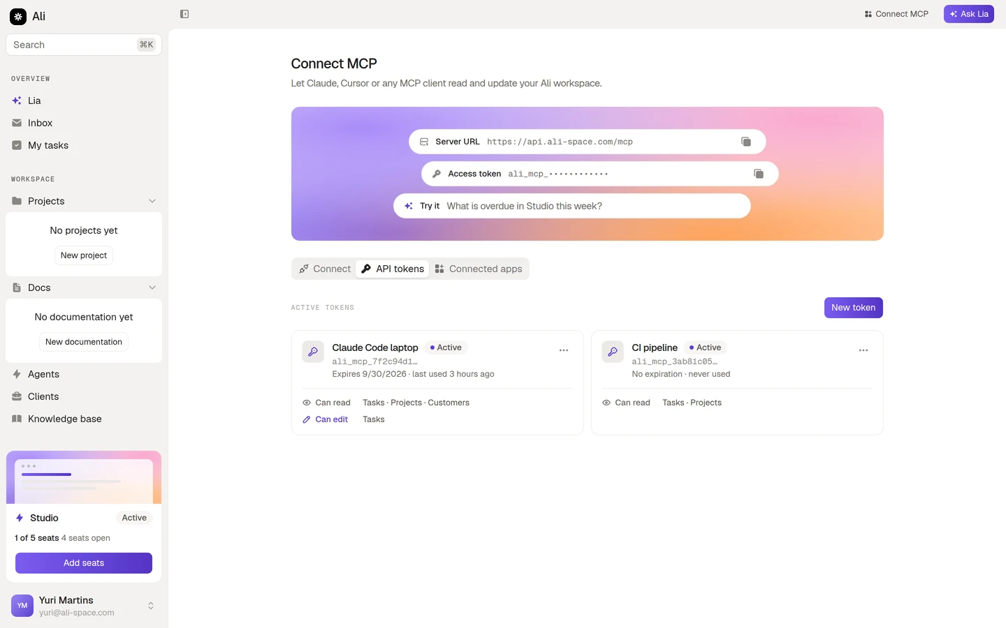 The API tokens tab, listing two active tokens with their access