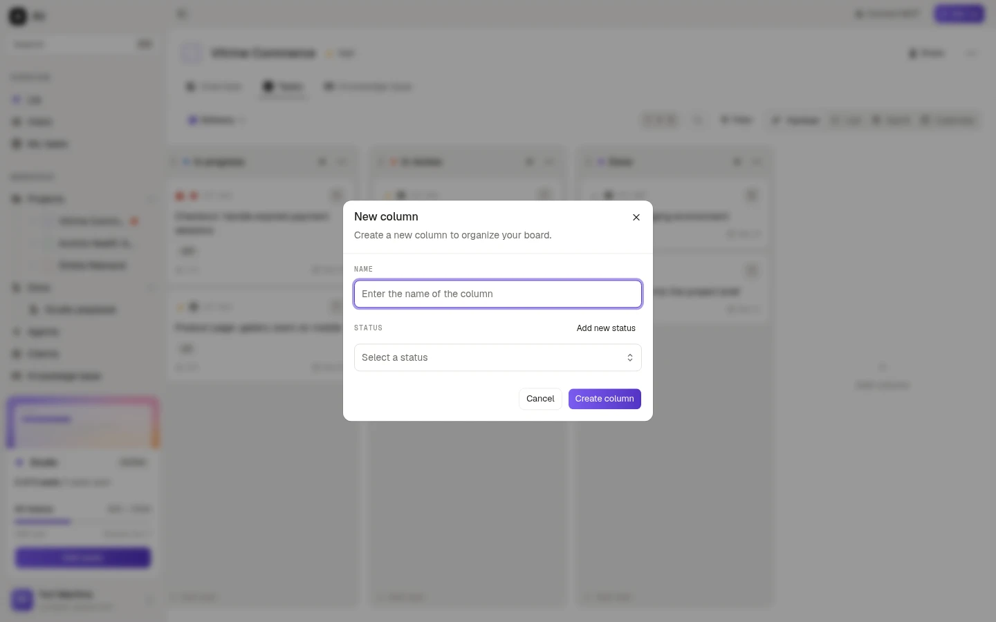 The New column dialog, with a name and a status