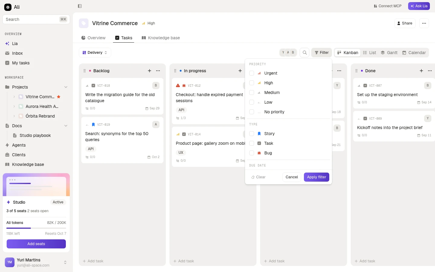 The filter popover, with priority, type and due date