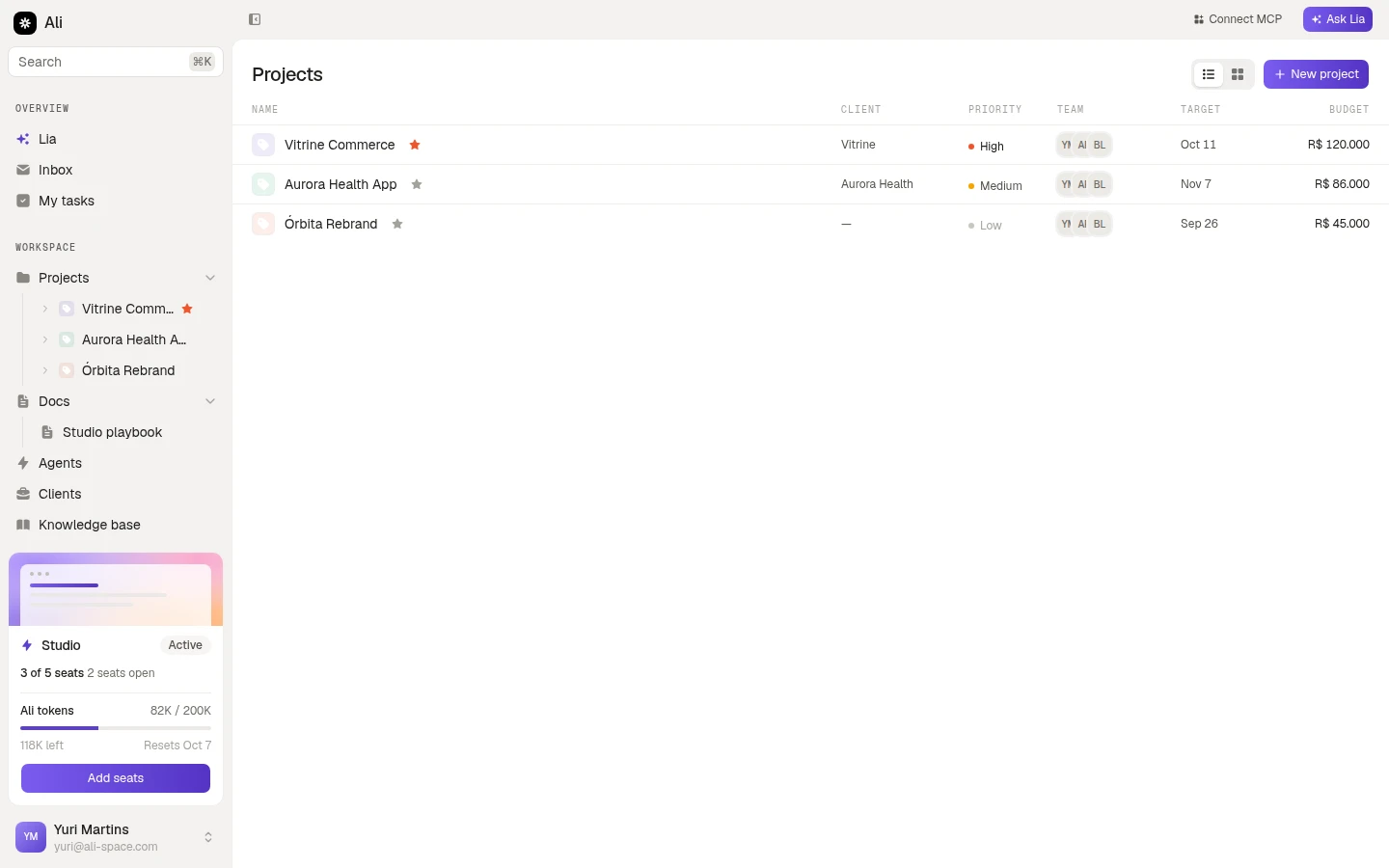 The projects list, with client, priority, team, target and budget