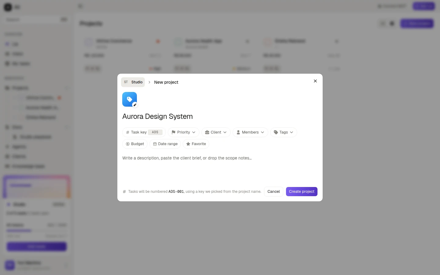 The New project form, with the name filled in and the pills under it