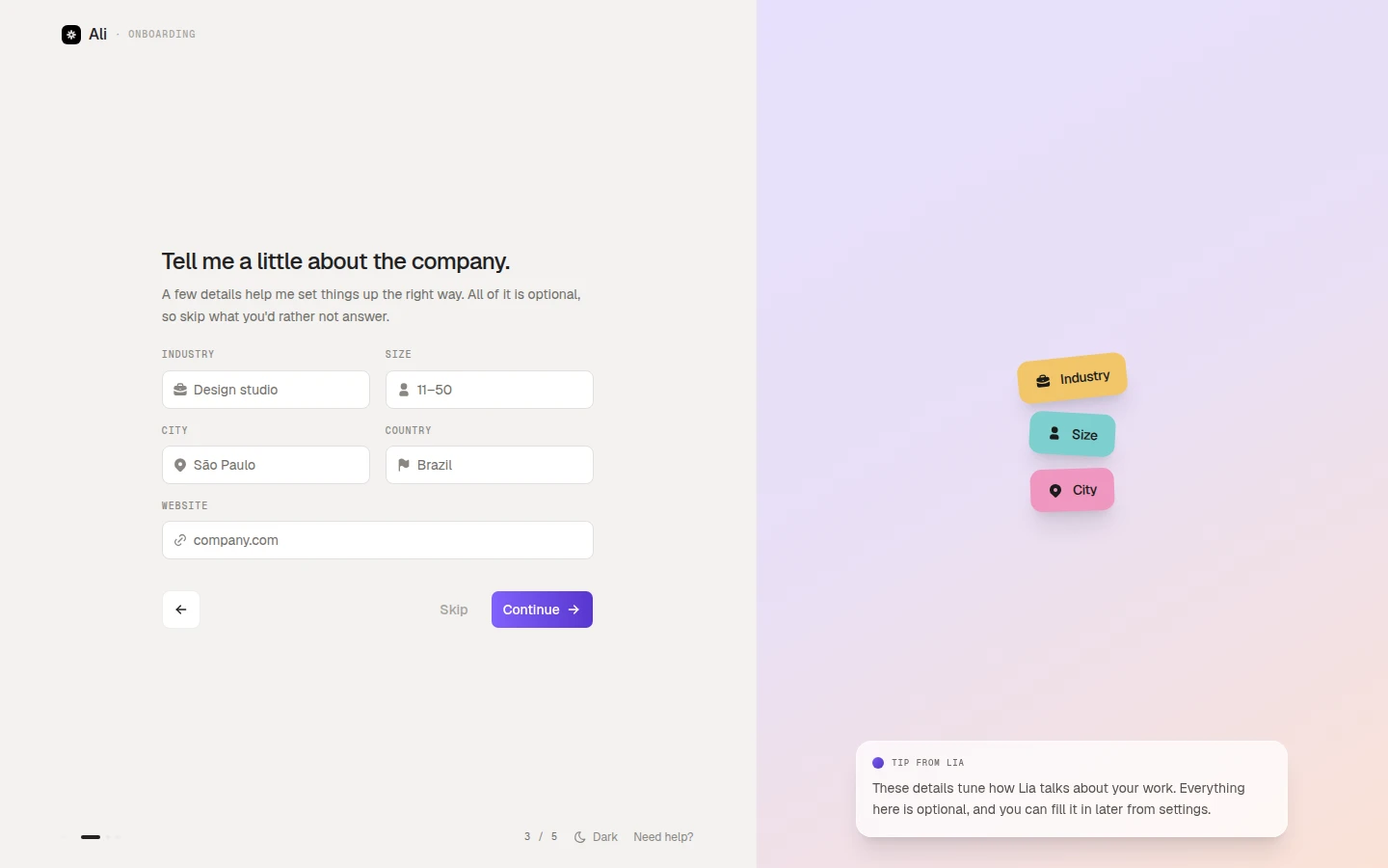 The company step, with industry, size, city, country and website