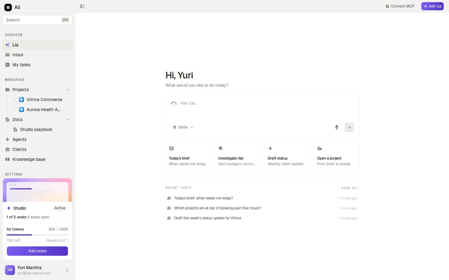 The workspace, with the sidebar, the composer and recent chats