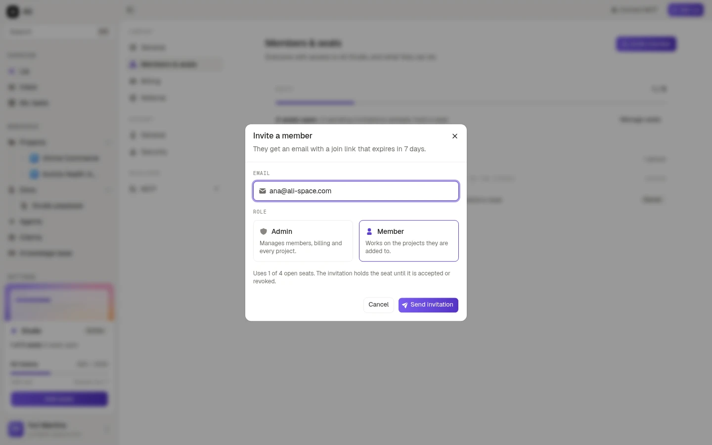 The invite dialog, with the email field and the two roles