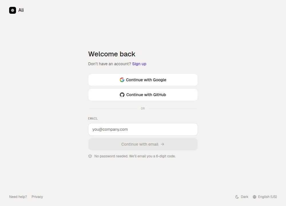 The Ali sign-in screen, with Google, GitHub and the email field
