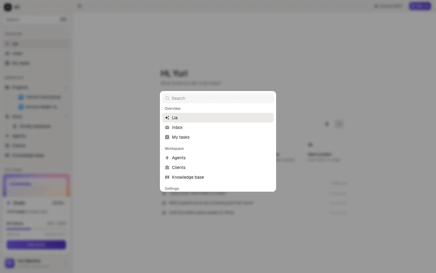 The command palette, listing destinations, projects and documentation