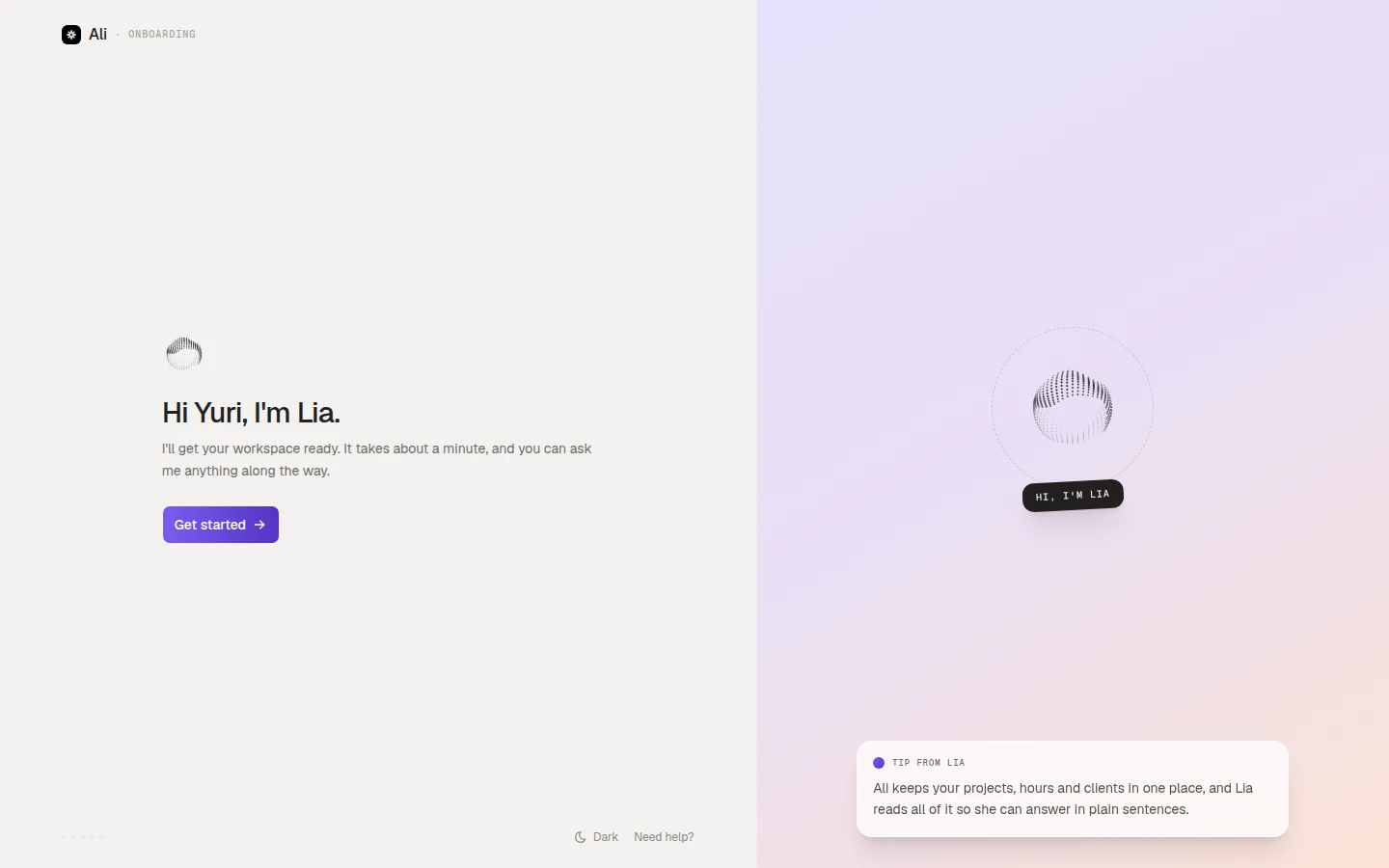 The first onboarding screen, where Lia introduces herself