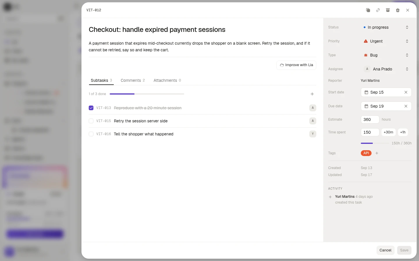 The task panel, with the description, subtasks and the properties column