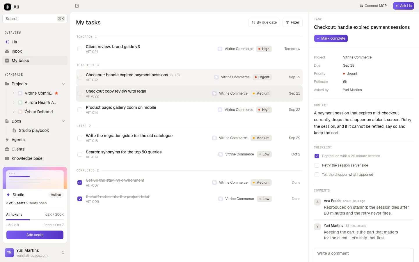 My tasks, grouped by due date, with a task open on the right