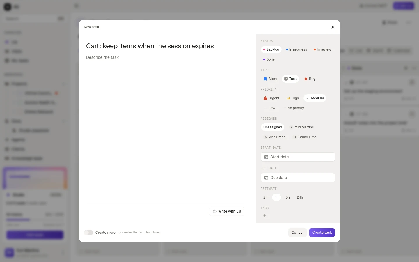 The New task dialog, with status, type, priority, assignee, dates, estimate and tags