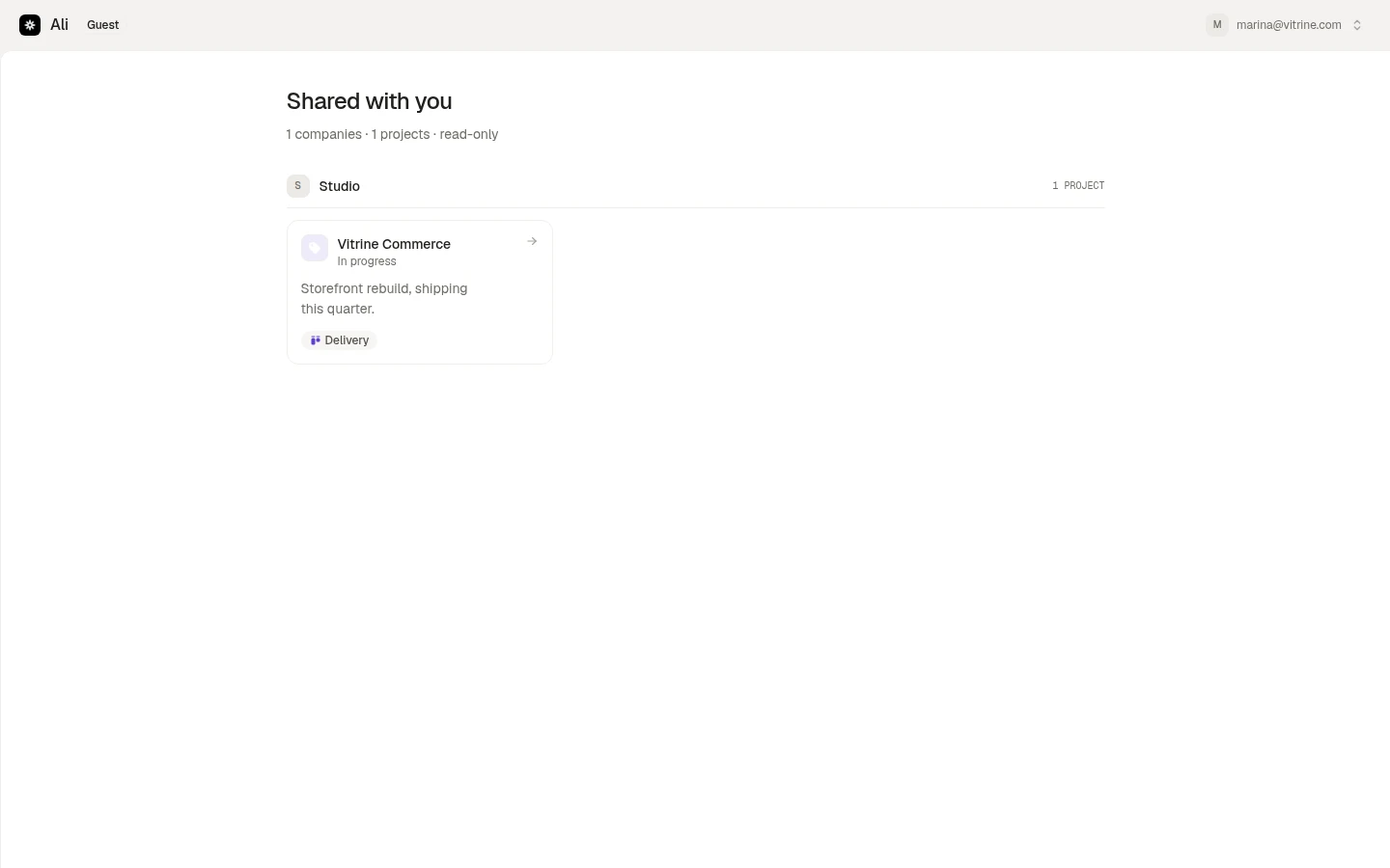 The guest portal, listing the projects shared with this person