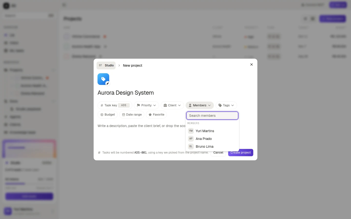 The members picker on the New project form