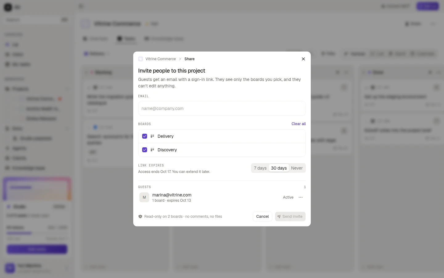 The share dialog, with the boards, the expiry and the guest list